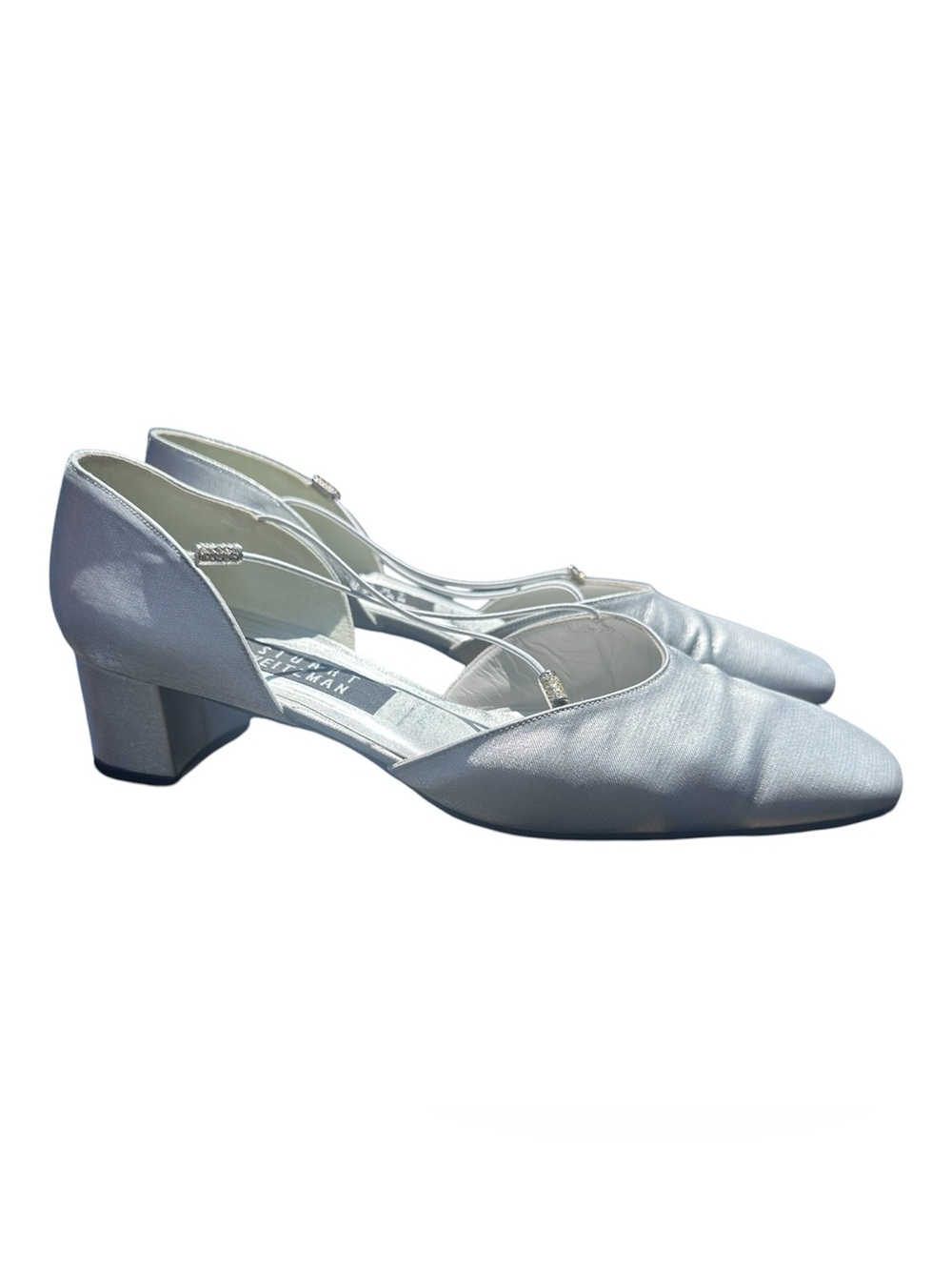 Stuart Weitzman Silver Satin Block Heel Mary Jane Formal Shoes Women’s 8